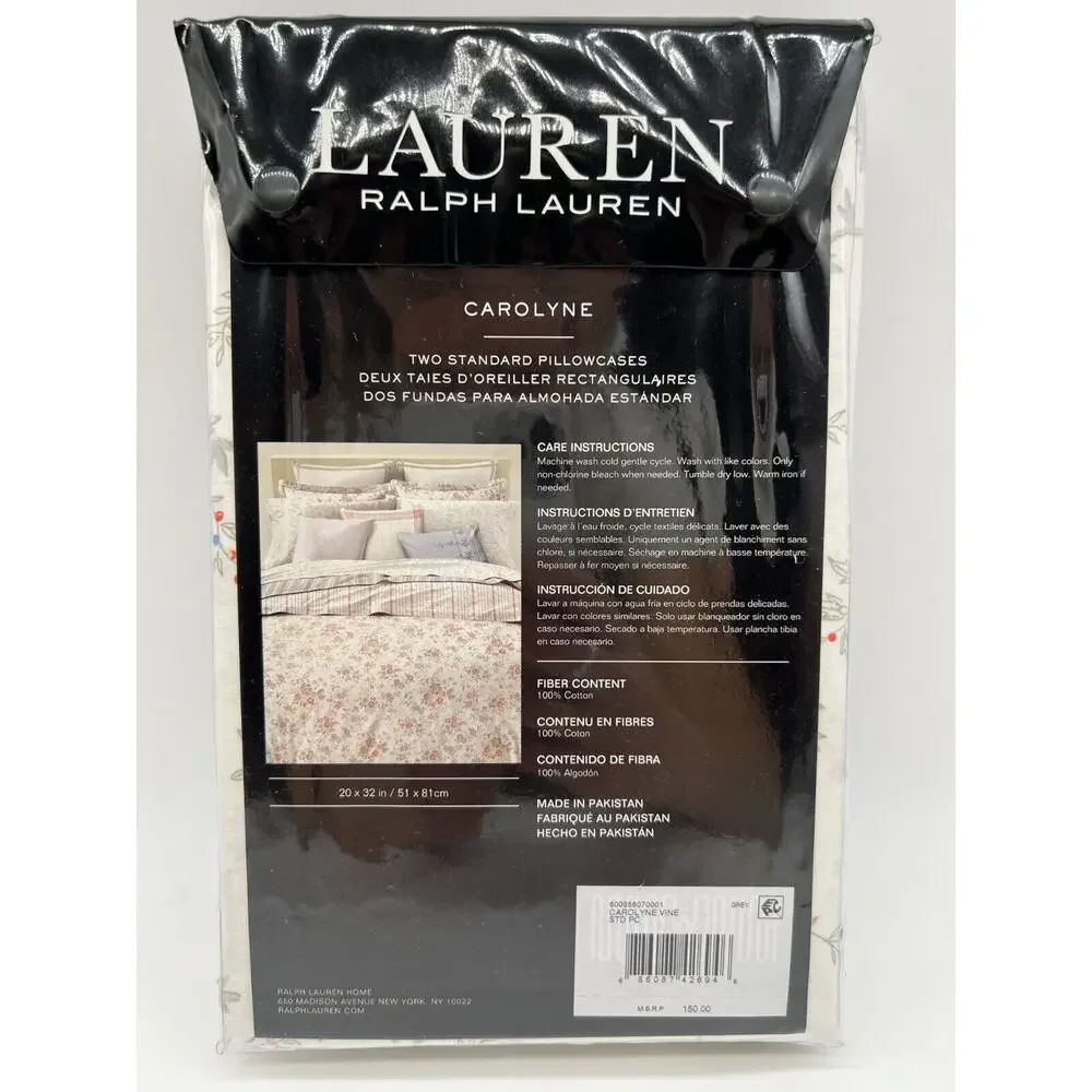 Lauren Ralph Lauren Carolyne Vine 2 Standard Pillowcases Grey NWT $150